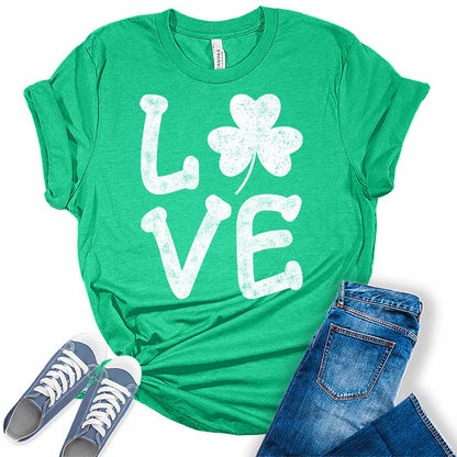 Love Shamrock T Shirt St Patricks Day Shirt Womens Letter Print Graphic Tees