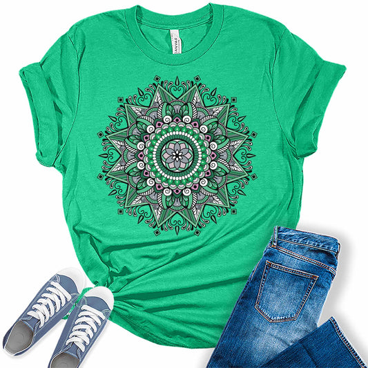 Green Mandala Shirt Casual Vintage Graphic Tees for Women Short Sleeve Plus Size Summer Tops