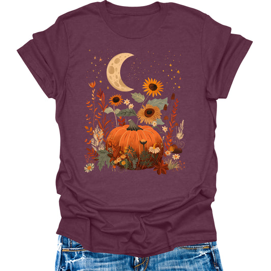 Boho Pumpkin Fall Shirts Womens Casual Thanksgiving Cottagecore Graphic Tees Halloween Tops