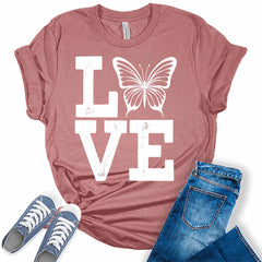 Love Shirt Cute Butterfly T Shirt Letter Print Graphic Tees for Women Summer Tops