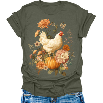 Chicken Shirts Vintage Fall Pumpkin T Shirts Autumn Thanksgiving Womens Graphic Tees Halloween Tops