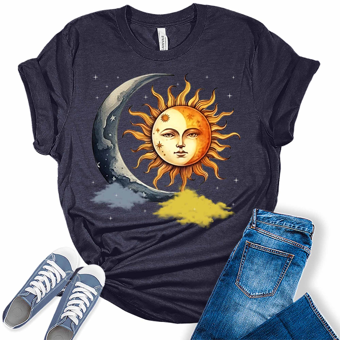 Women's Mystic Sun And Crescent Moon Shirt Aesthetic Astrology Graphic Tees
