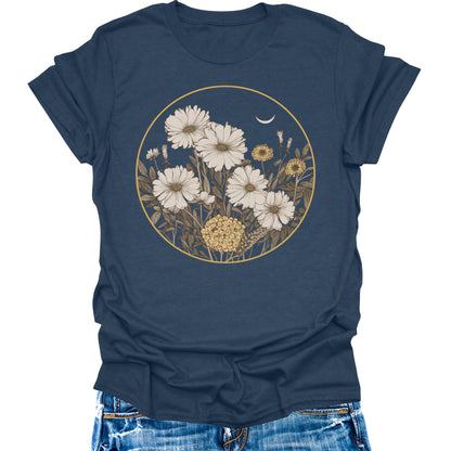 Women's Boho Wildflower Shirt Vintage Floral Botanical Graphic Tees Short Sleeve Tops
