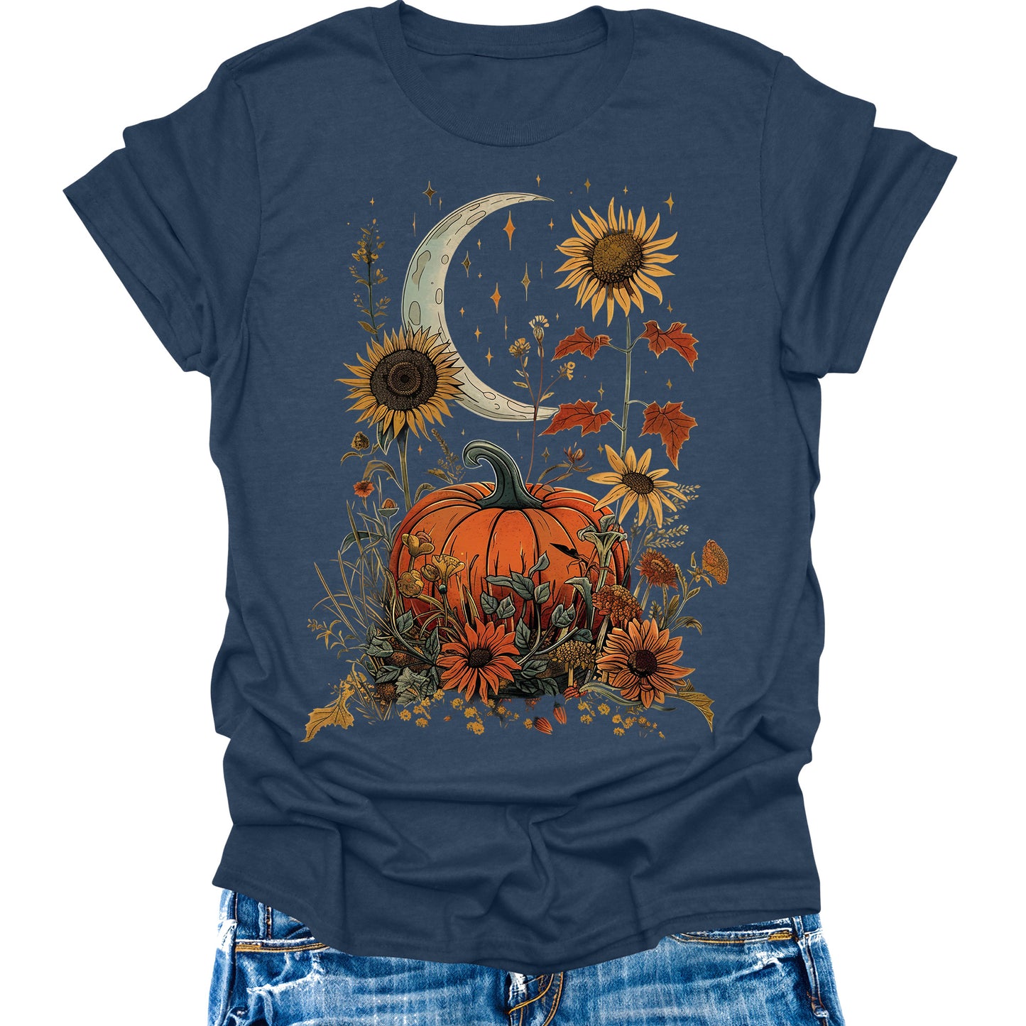 Fall Pumpkin Sunflower Shirts Womens Cottagecore Casual Autumn Thanksgiving Graphic Tees Halloween Tops