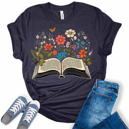 Womens Teacher Shirts Floral Book Lovers Butterfly Tshirts Cute Wildflower School Reading Short Sleeve Vintage Graphic Tees