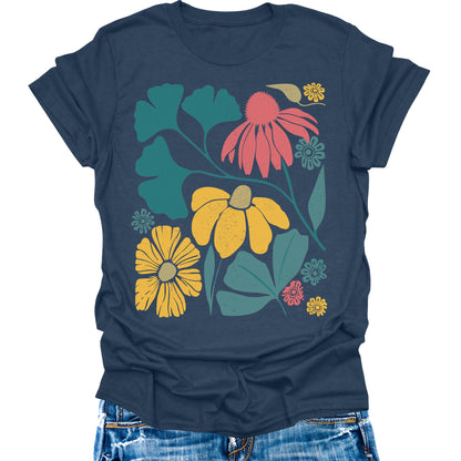 Womens Flower Graphic Tees Summer Short Sleeve Shirts Casual Loose Beach Tops