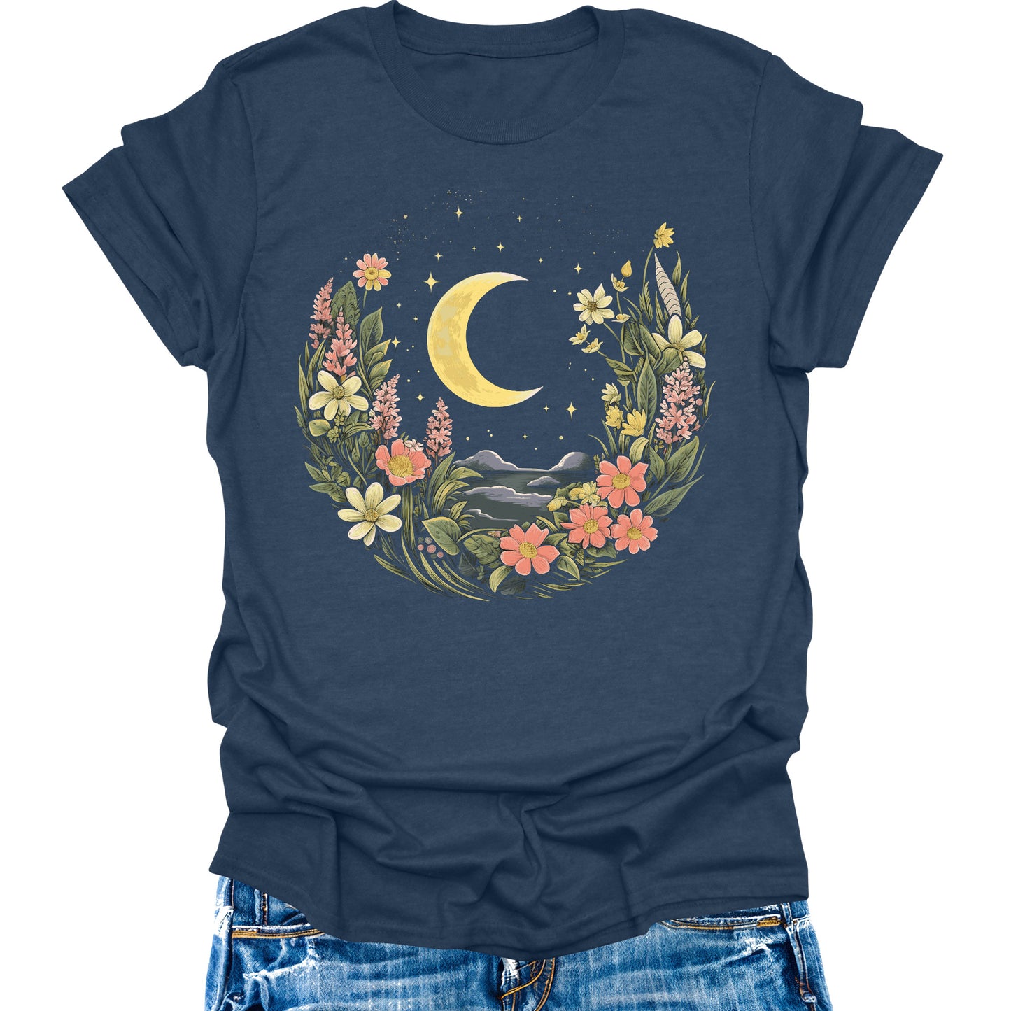 Women's Boho Shirt Wildflower Crescent Moon Vintage Floral Botanical Graphic Tees Short Sleeve Tops