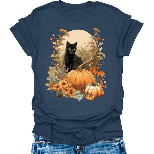 Cat Shirts Vintage Pumpkin Womens Fall T-Shirts Cute Autumn Graphic Tees Thanksgiving Tops