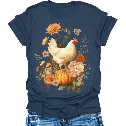 Chicken Shirts Vintage Fall Pumpkin T Shirts Autumn Thanksgiving Womens Graphic Tees Halloween Tops