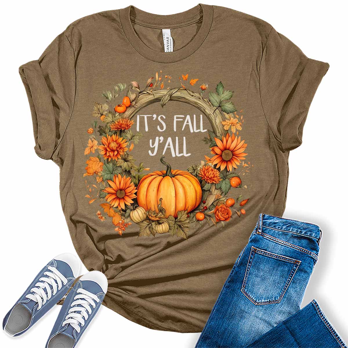 It's Fall Y'all Floral Pumpkin Autumn Wreath Women's Graphic Tee
