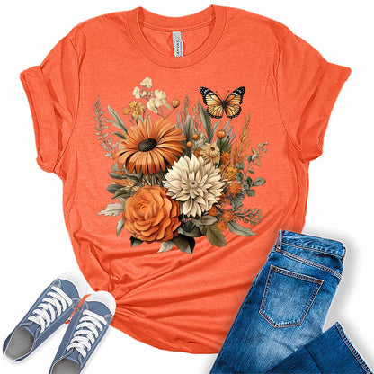Womens Trendy Floral Butterfly Shirts Wildflower Casual Graphic Tees Vintage Short Sleeve Girls T Shirts Fall Plus Size Tops