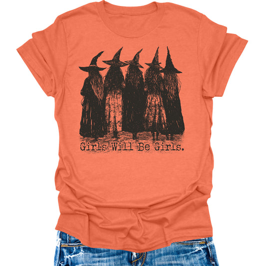 Girls Will Be Girls Halloween Shirts Womens Fall T-Shirts Cute Graphic Tees Thanksgiving Tops