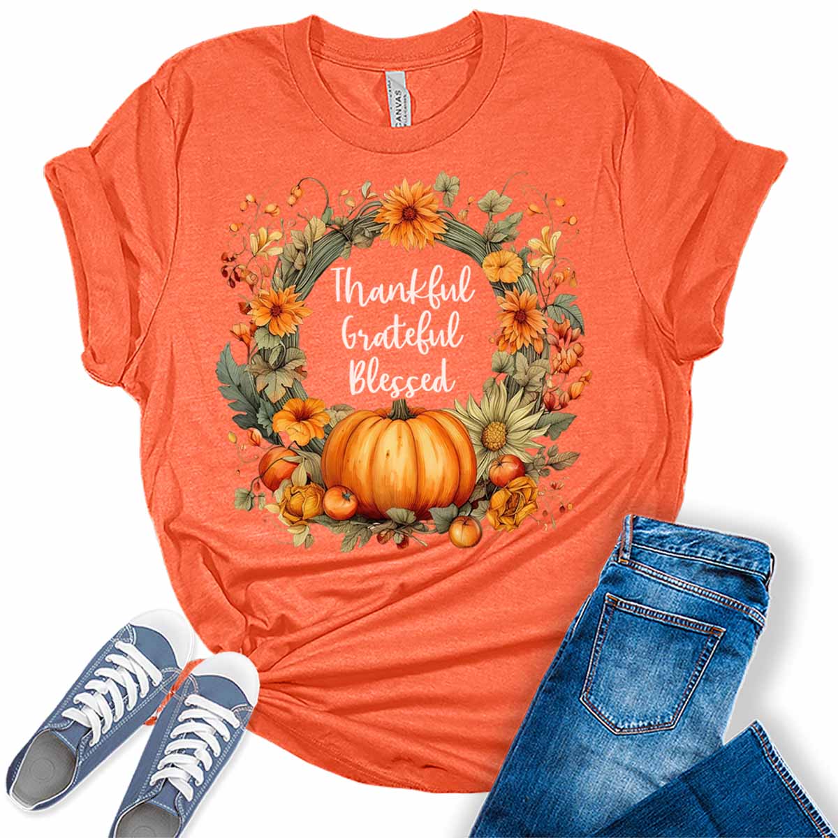 Womens Thanksgiving Shirt Fall Graphic Tees Cute Thankful Grateful Blessed Tshirt Vintage Floral Short Sleeve Tops