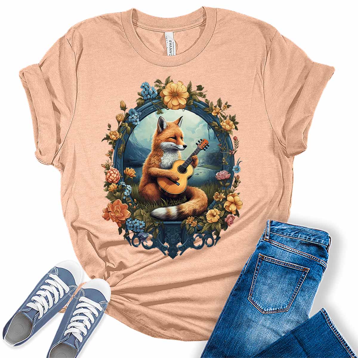 Womens Fox Shirt Cottagecore Aesthetic Cute Animal Playing Guitar Tshirts Short Sleeve Bella Graphic Tees Casual Summer Tops