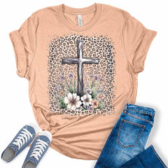 Floral Cross T Shirt Leopard Print Easter Shirts for Women Cute Spring Summer Tops