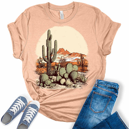 Country Concert Tops for Women Desert Cactus Western T Shirts Plus Size Summer Graphic Tees