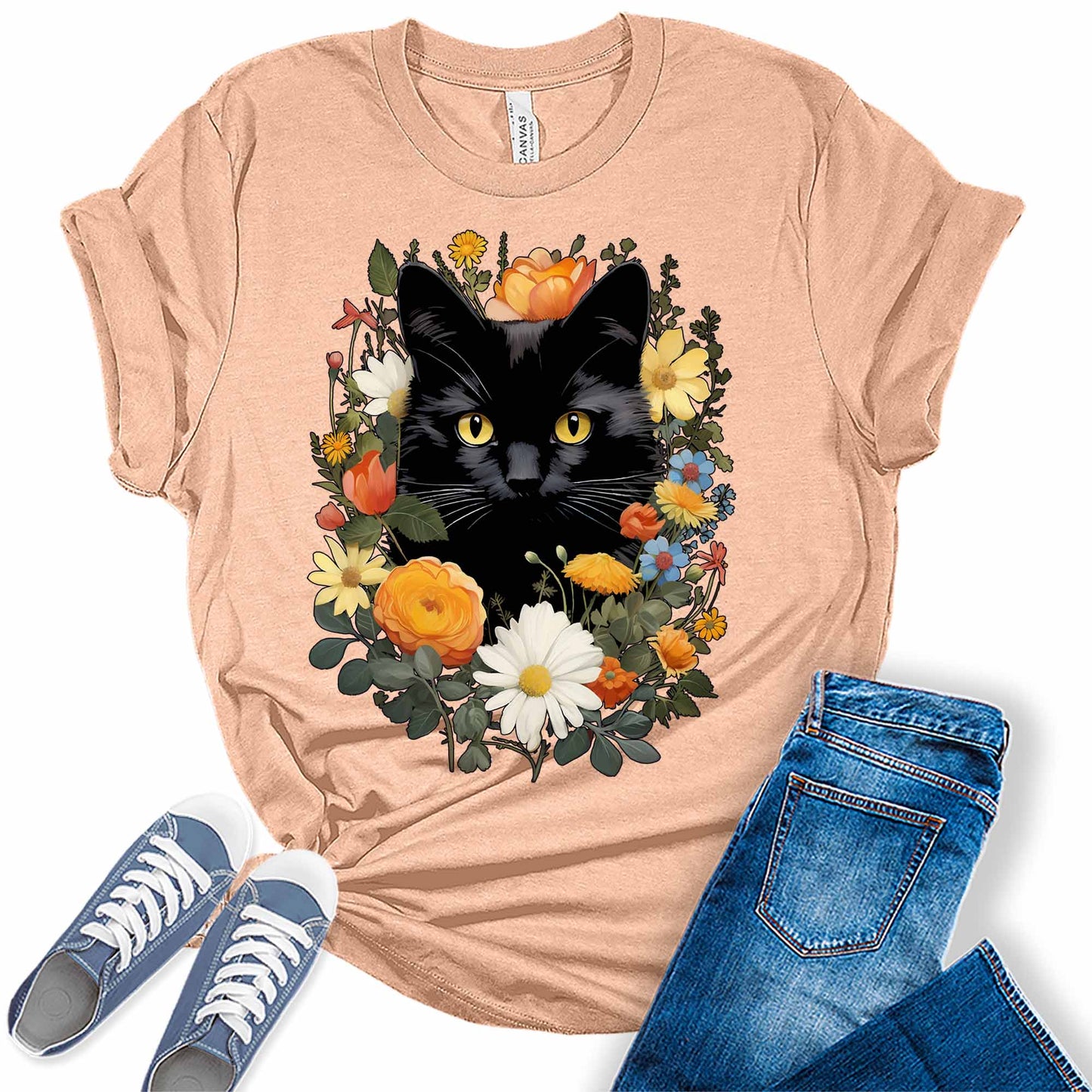 Wild Black Cat Flowers Graphic Tees for Women
