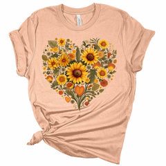 Women's Graphic Vintage Sunflower Heart T Shirt Summer Bella Top Casual Plus Size Tee