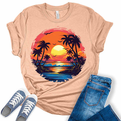 Womens Beach Shirt Casual Palm Tree Tshirt Tropical Bella Graphic Tees Short Sleeve Summer Tops