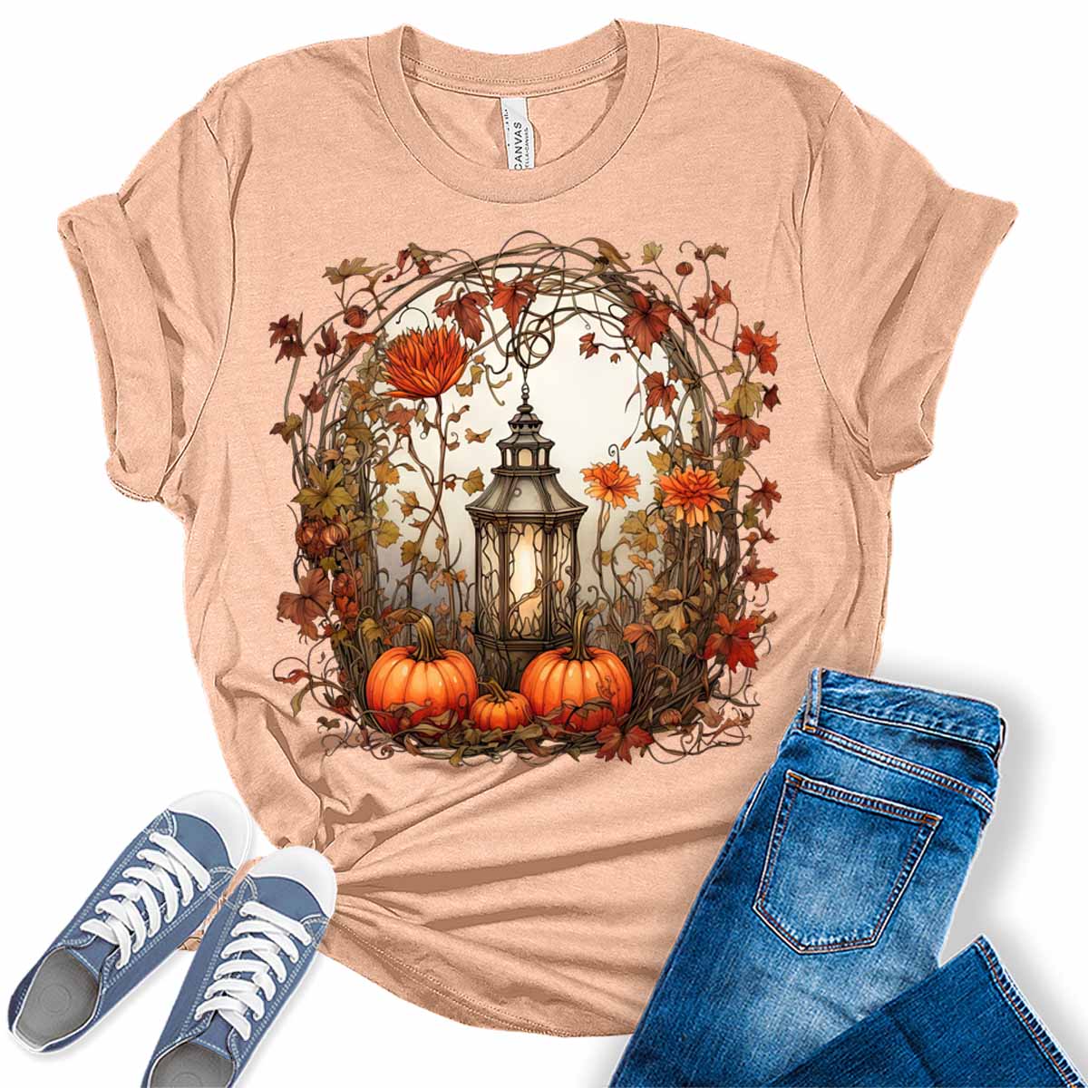 Womens Fall Floral Graphic Tees Pumpkin Shirts Lantern Halloween Tshirts Vintage Cute Short Sleeve Clothes