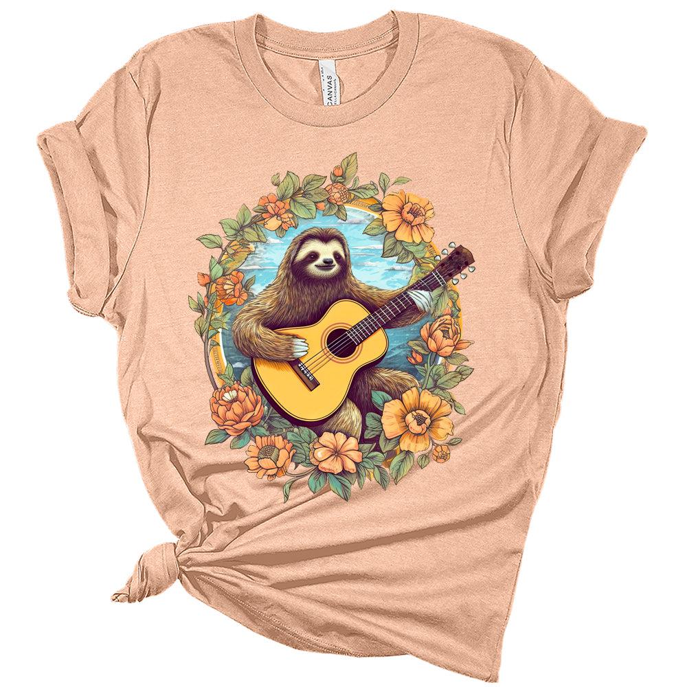 Sloth Playing Guitar Floral Frame Aesthetic Cottagecore Women's Graphic Tee