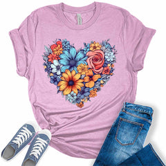 Womens Floral Heart Shirt Cute Tshirts Bella Graphic Tees Casual Short Sleeve Summer Tops