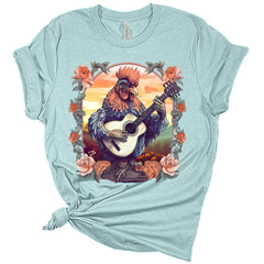 Rooster Playing Guitar Floral Frame Cottagecore Aesthetic Women's Graphic Tee