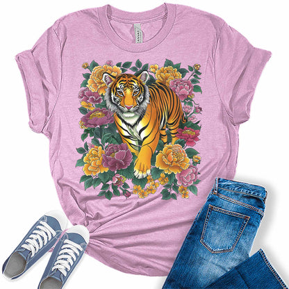 Tiger Shirts for Women Vintage Floral Short Sleeve Summer Tops Plus Size Graphic Tees