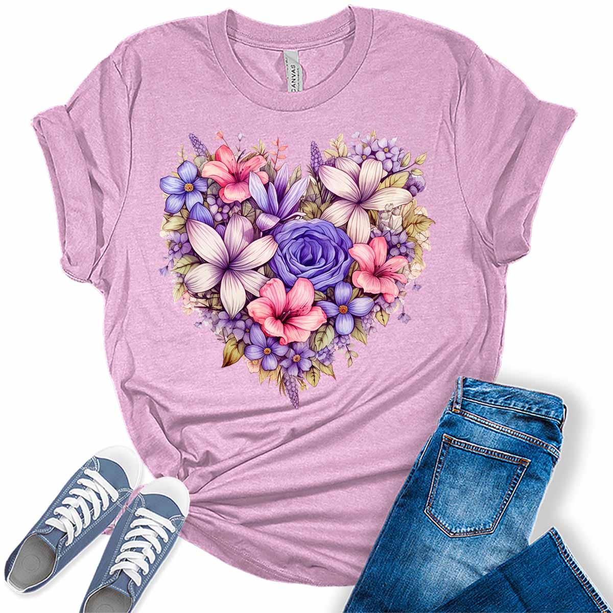 Heart Shirt for Women Cute Floral Spring T Shirt Trendy Plus Size Summer Graphic Tees