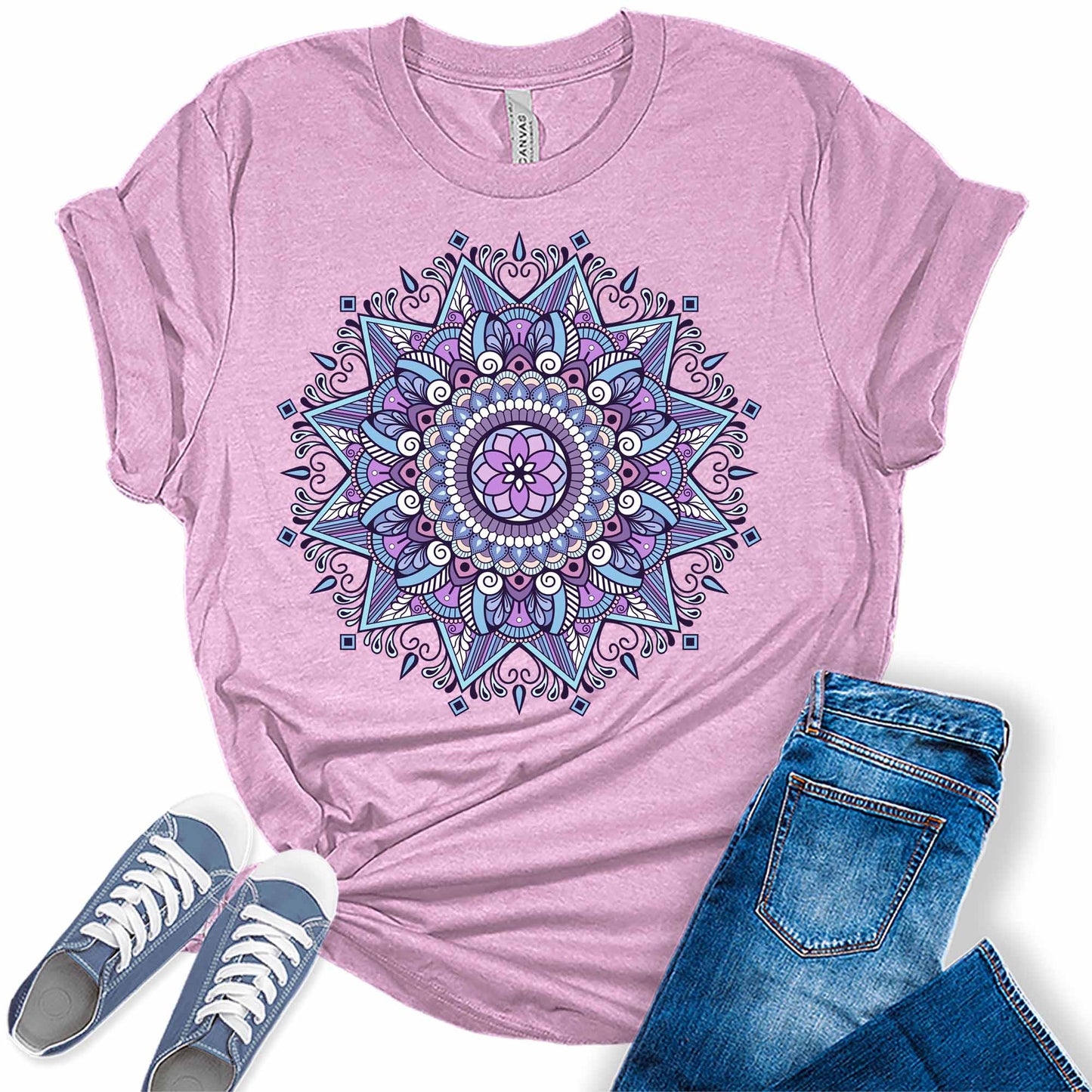 Purple Mandala Shirt Casual Vintage Graphic Tees for Women Short Sleeve Plus Size Summer Tops