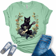 Black Cat Playing Guitar Cute Aesthetic Women's Graphic Tee