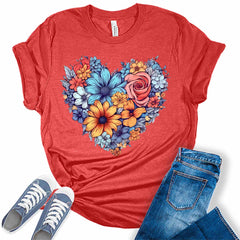 Womens Floral Heart Shirt Cute Tshirts Bella Graphic Tees Casual Short Sleeve Summer Tops