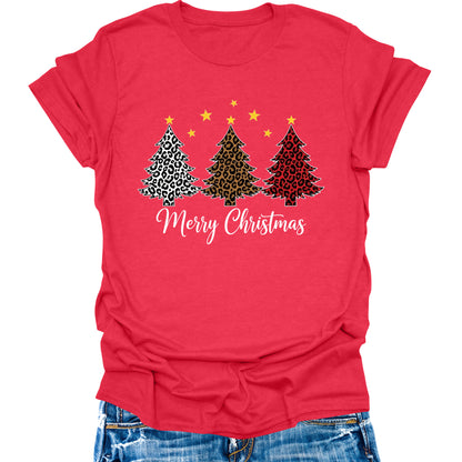 Merry Christmas Shirts For Women Leopard Christmas Tree Graphic Tees Merry Xmas Holiday Tops