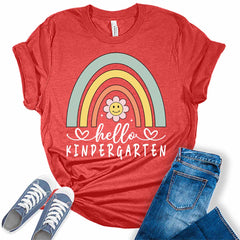 Hello Kindergarten Rainbow Flower Smiley Women's Teacher Graphic Tee