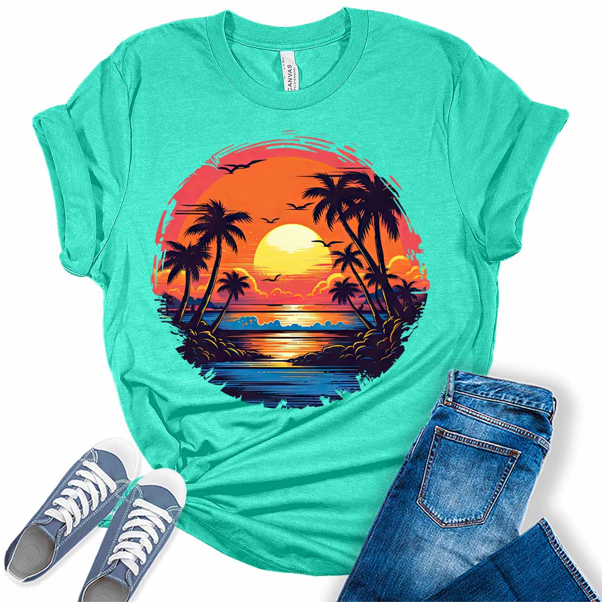 Womens Beach Shirt Casual Palm Tree Tshirt Tropical Bella Graphic Tees Short Sleeve Summer Tops