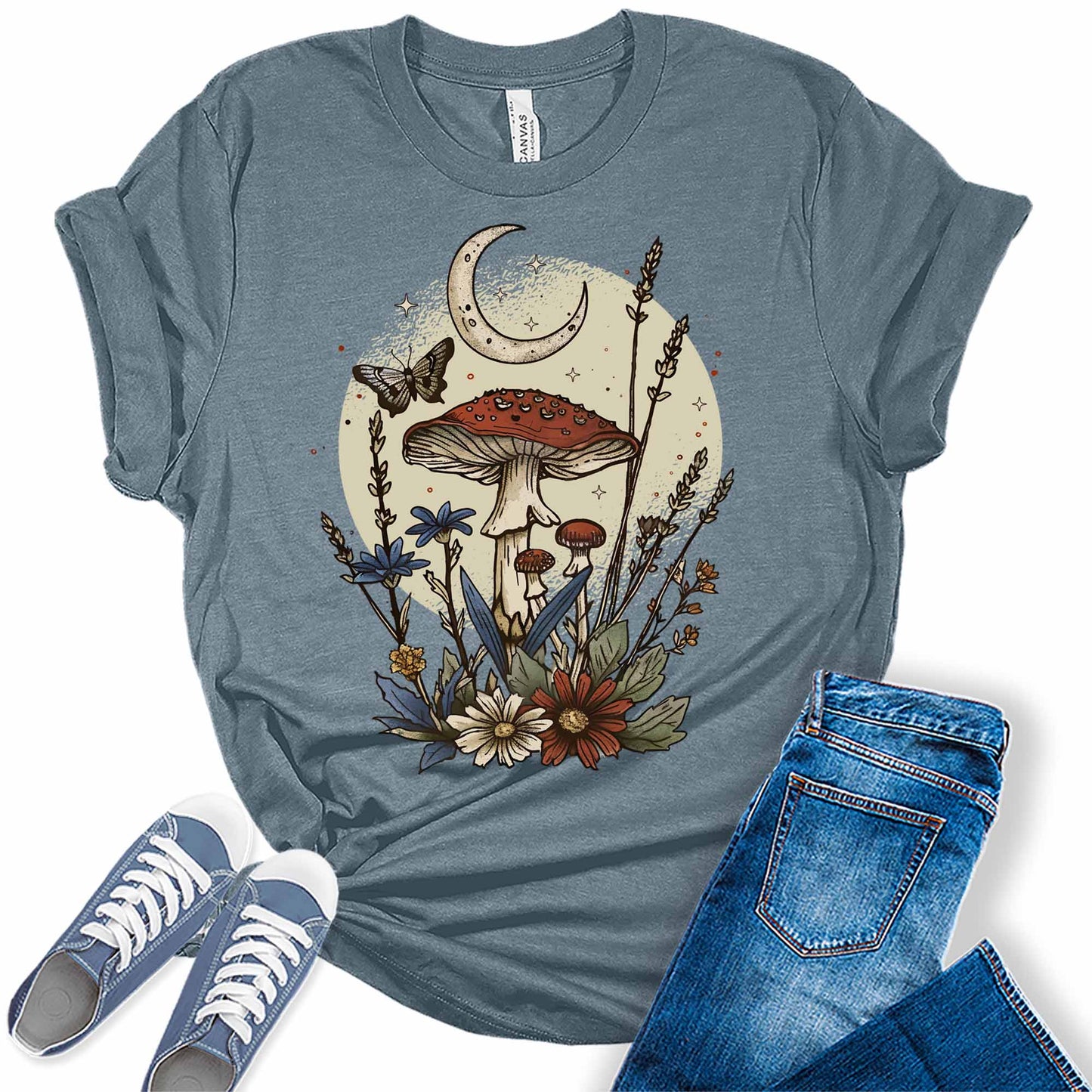 Mushroom Shirt Trendy Cottagecore Moon T Shirt Vintage Floral Butterfly Graphic Tees for Women