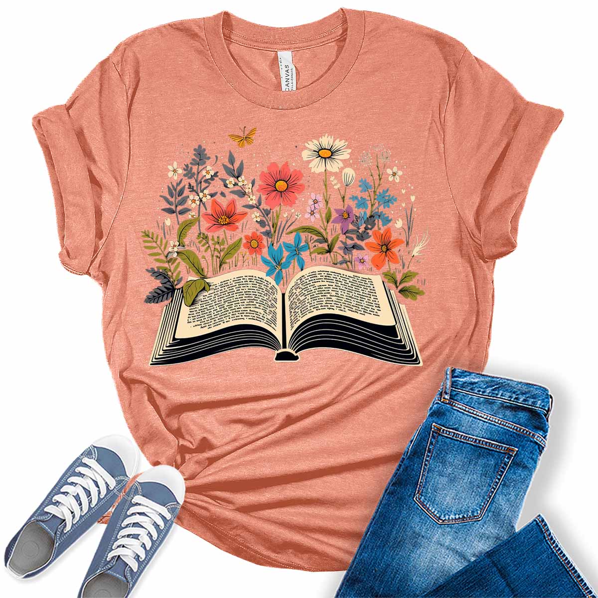 Womens Teacher Shirts Floral Book Lovers Butterfly Tshirts Cute Wildflower School Reading Short Sleeve Vintage Graphic Tees