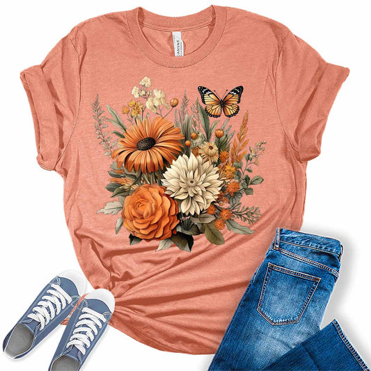 Womens Trendy Floral Butterfly Shirts Wildflower Casual Graphic Tees Vintage Short Sleeve Girls T Shirts Fall Plus Size Tops