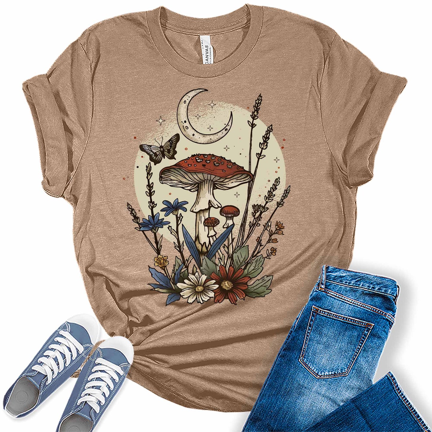 Mushroom Shirt Trendy Cottagecore Moon T Shirt Vintage Floral Butterfly Graphic Tees for Women