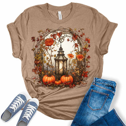 Womens Fall Floral Graphic Tees Pumpkin Shirts Lantern Halloween Tshirts Vintage Cute Short Sleeve Clothes