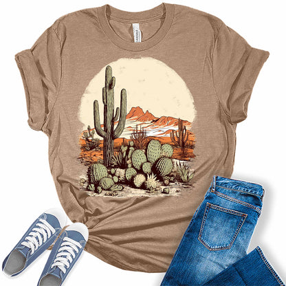 Country Concert Tops for Women Desert Cactus Western T Shirts Plus Size Summer Graphic Tees