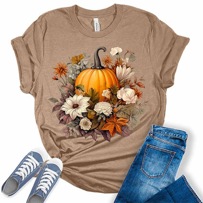 Womens Fall Graphic Tees Pumpkin Shirts Halloween Tshirts Cute Short Sleeve Thanksgiving Clothes