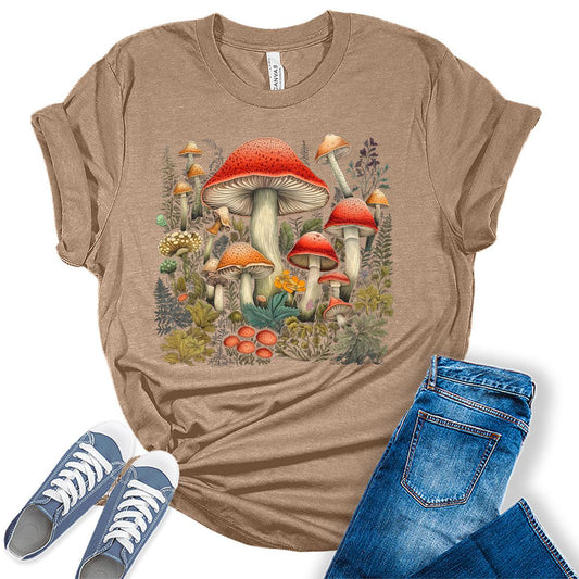 Womens Mushroom Shirts Casual Ladies Frog Graphic Tees Short Sleeve Cottagecore T Shirts Plus Size Summer Tops for Women Mushroom