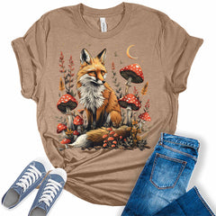 Fox Shirt Mushroom Crecent Moon T Shirt Cottagecore Aesthetic Trendy Graphic Tees for Women