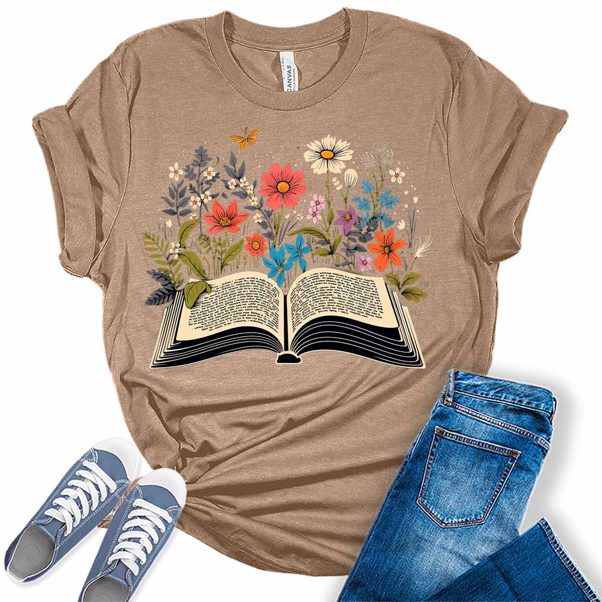 Womens Teacher Shirts Floral Book Lovers Butterfly Tshirts Cute Wildflower School Reading Short Sleeve Vintage Graphic Tees