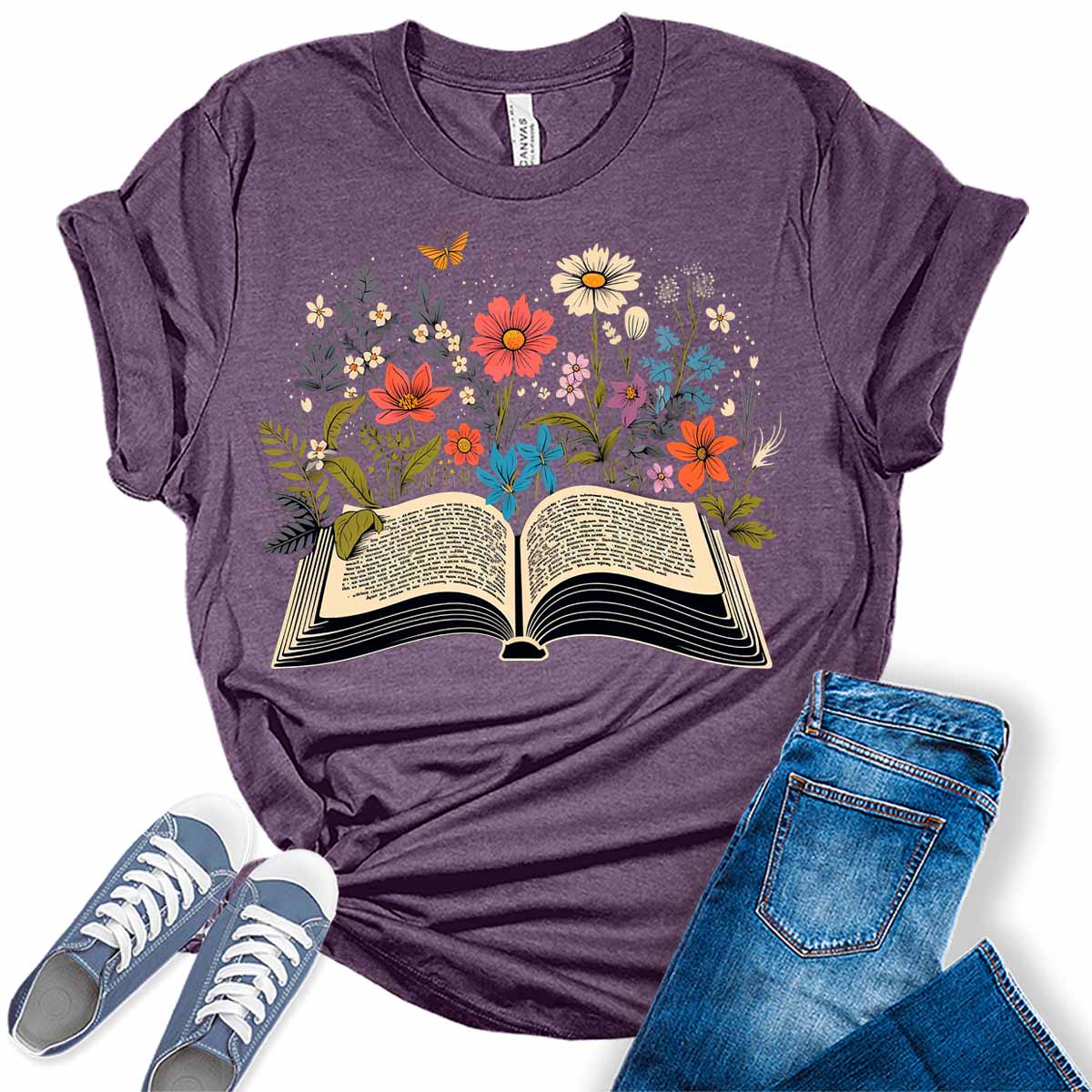 Womens Teacher Shirts Floral Book Lovers Butterfly Tshirts Cute Wildflower School Reading Short Sleeve Vintage Graphic Tees