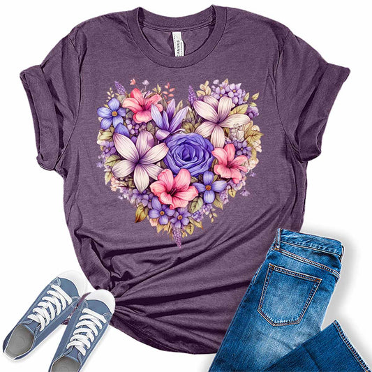 Heart Shirt for Women Cute Floral Spring T Shirt Trendy Plus Size Summer Graphic Tees