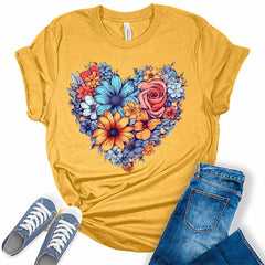 Womens Floral Heart Shirt Cute Tshirts Bella Graphic Tees Casual Short Sleeve Summer Tops