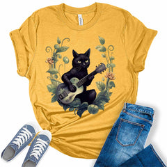 Black Cat Playing Guitar Cute Aesthetic Women's Graphic Tee