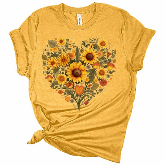 Women's Graphic Vintage Sunflower Heart T Shirt Summer Bella Top Casual Plus Size Tee